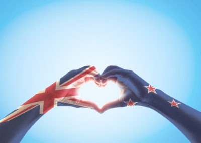 New Zealand flag pattern on people hands in heart shaped isolated on blue sky for NZ national public holiday celebration ...